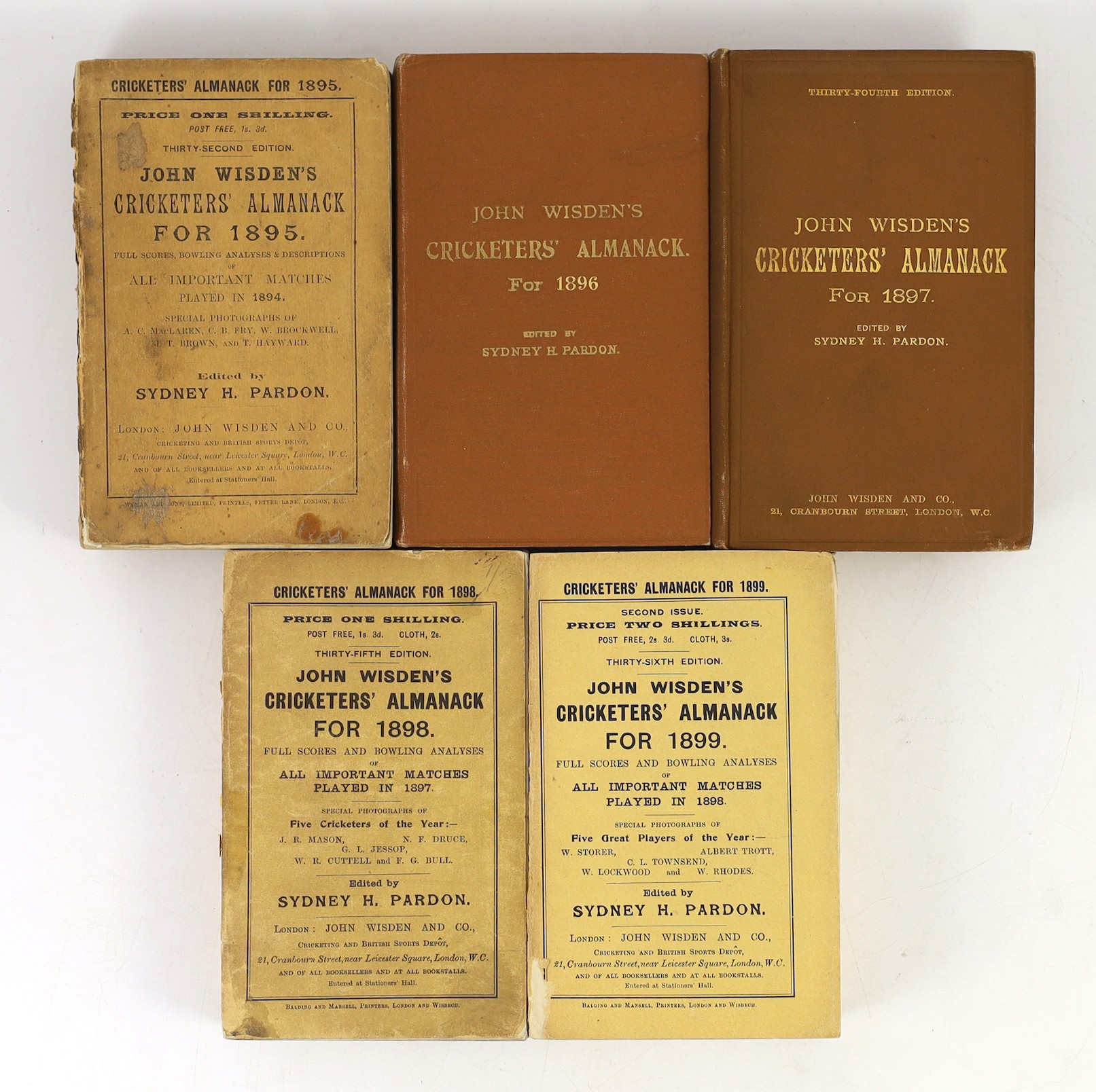 Wisden, John - Cricketers’ Almanack for years, 1895 (32nd edition) original paper wrappers, spine with some paper loss, gutters neatly strengthened with tape; 1896 (33rd edition) rebound brown cloth gilt, retaining origi